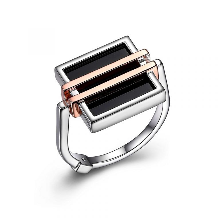 R4LA9V27A SS ELLE MIDNIGHT 2TONE RHOD & ROSE GOL PLATED GENUINE BLACK AGATE SQUARE RING SIZE 6. STONE SIZE 12X2 MM 119 Midnight